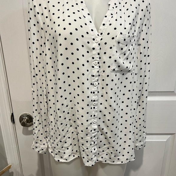 Per Se women’s v neck white black polka dot button down long sleeve blouse L - Picture 4 of 6